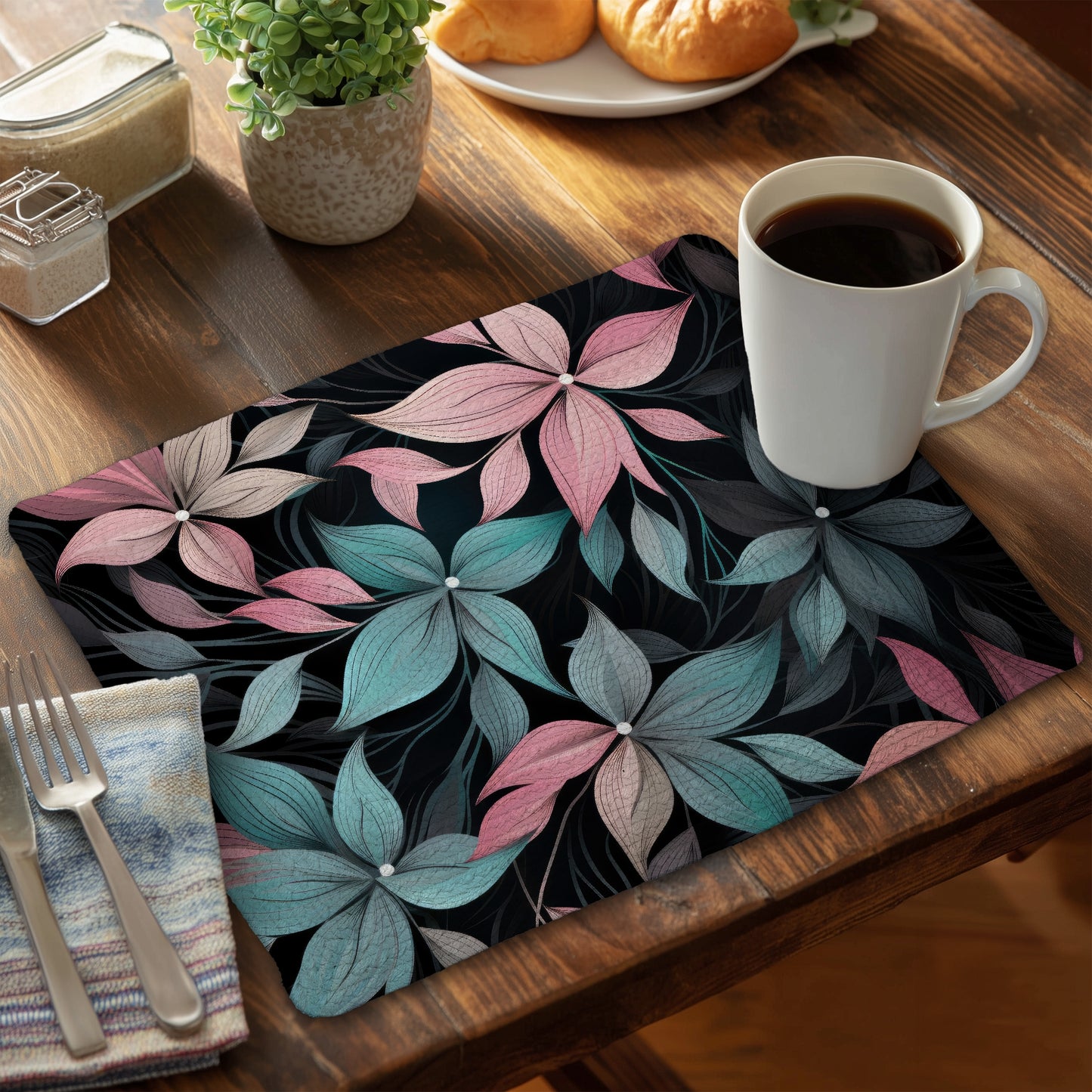 Desaturated Flowers Turquoise Braided Polyester Placemat | Home Decor