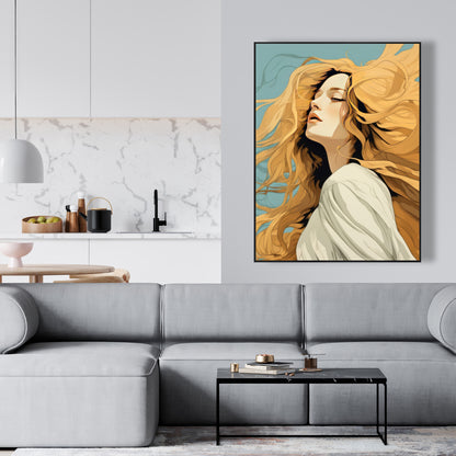 Flowing Hair - Beige Framed Canvas for Home Decor | Elegant Art