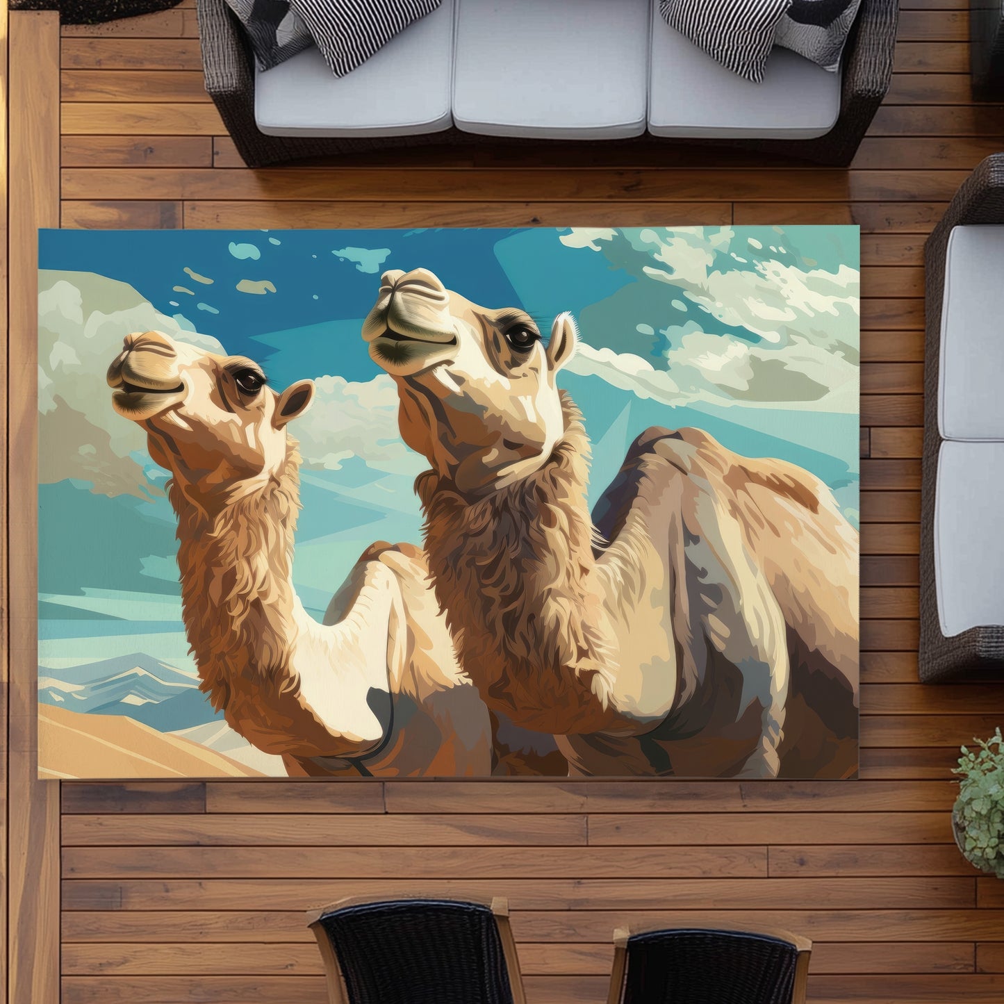 Camels Looking Up - Blue Outdoor Area Rug for Home Decor