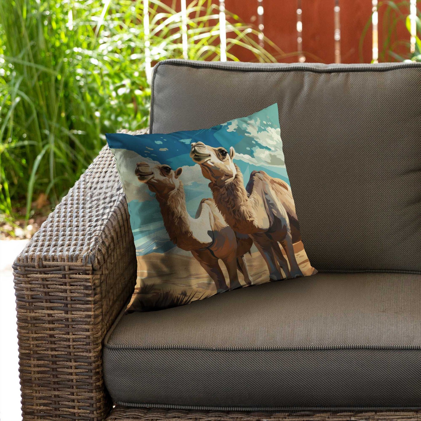 Camels Looking Up - Poly Twill Throw Pillow for Home Decor
