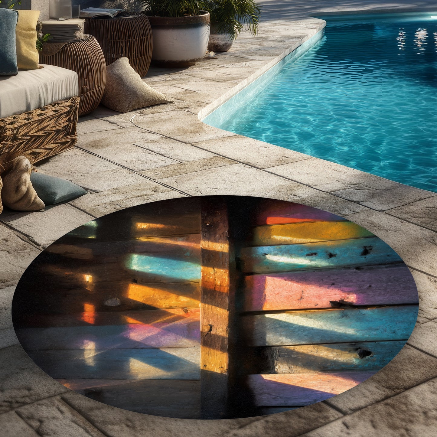 Tapis d'extérieur rond "Casting Rainbows" pour la décoration intérieure