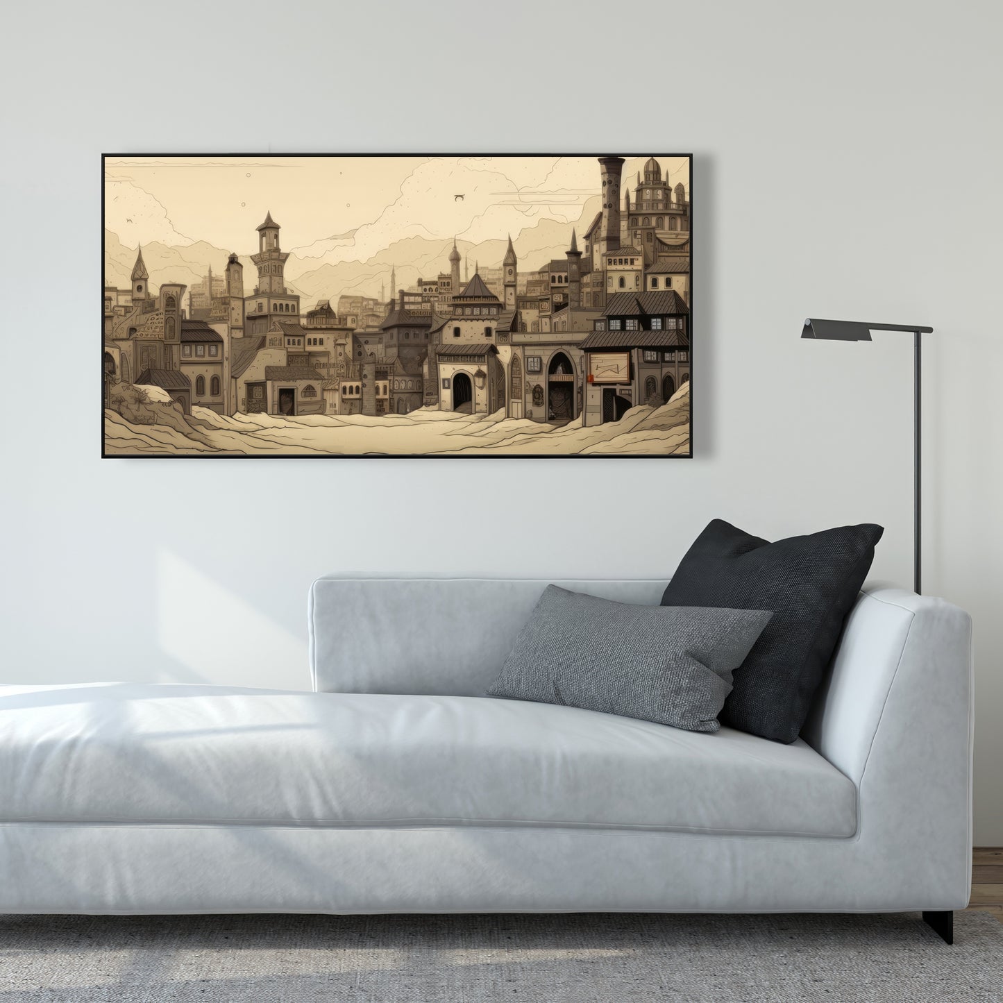 Desert Town - White Framed Canvas for Home Decor | Elegant Art