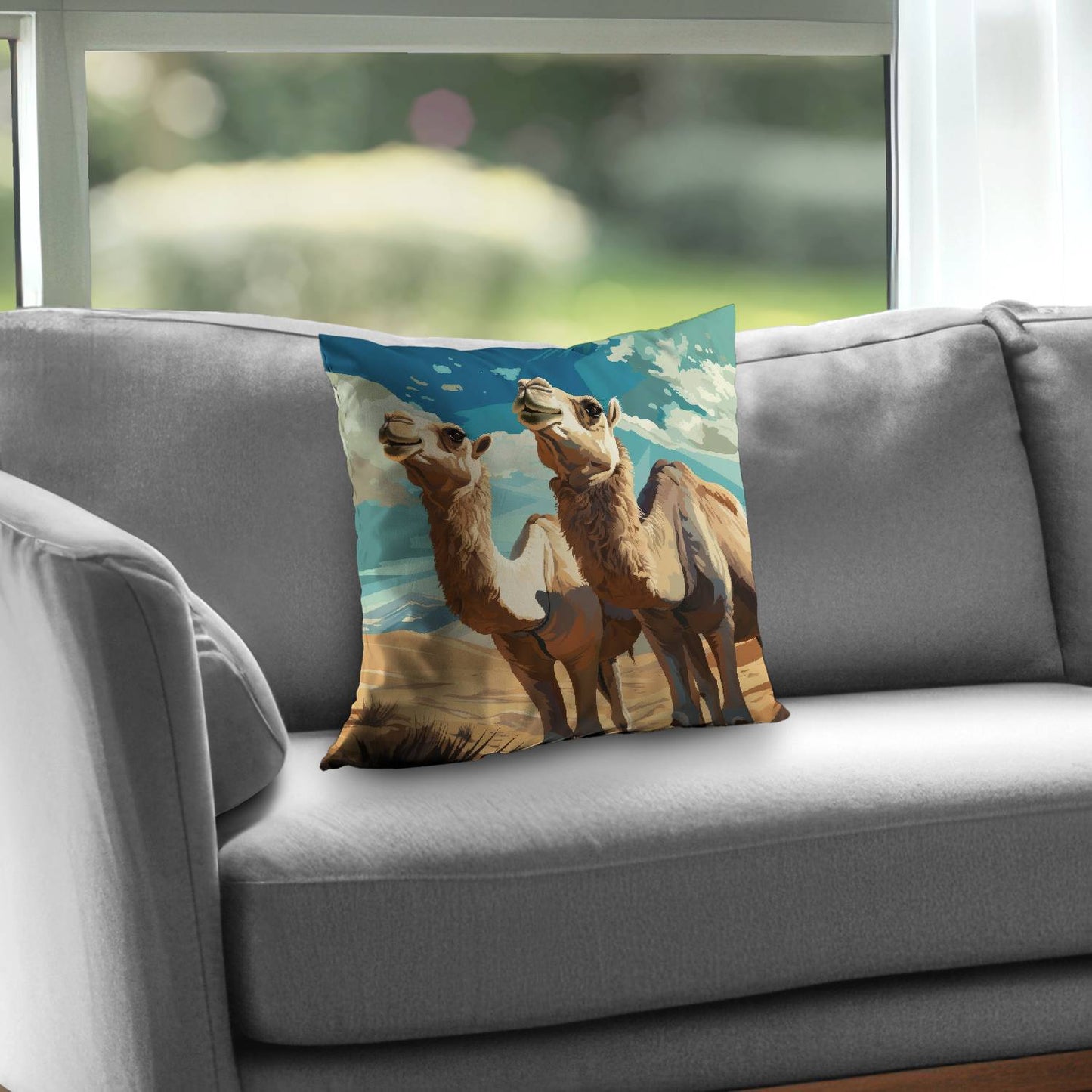 Camels Looking Up Blue Poly Twill Throw Pillow - Home Decor