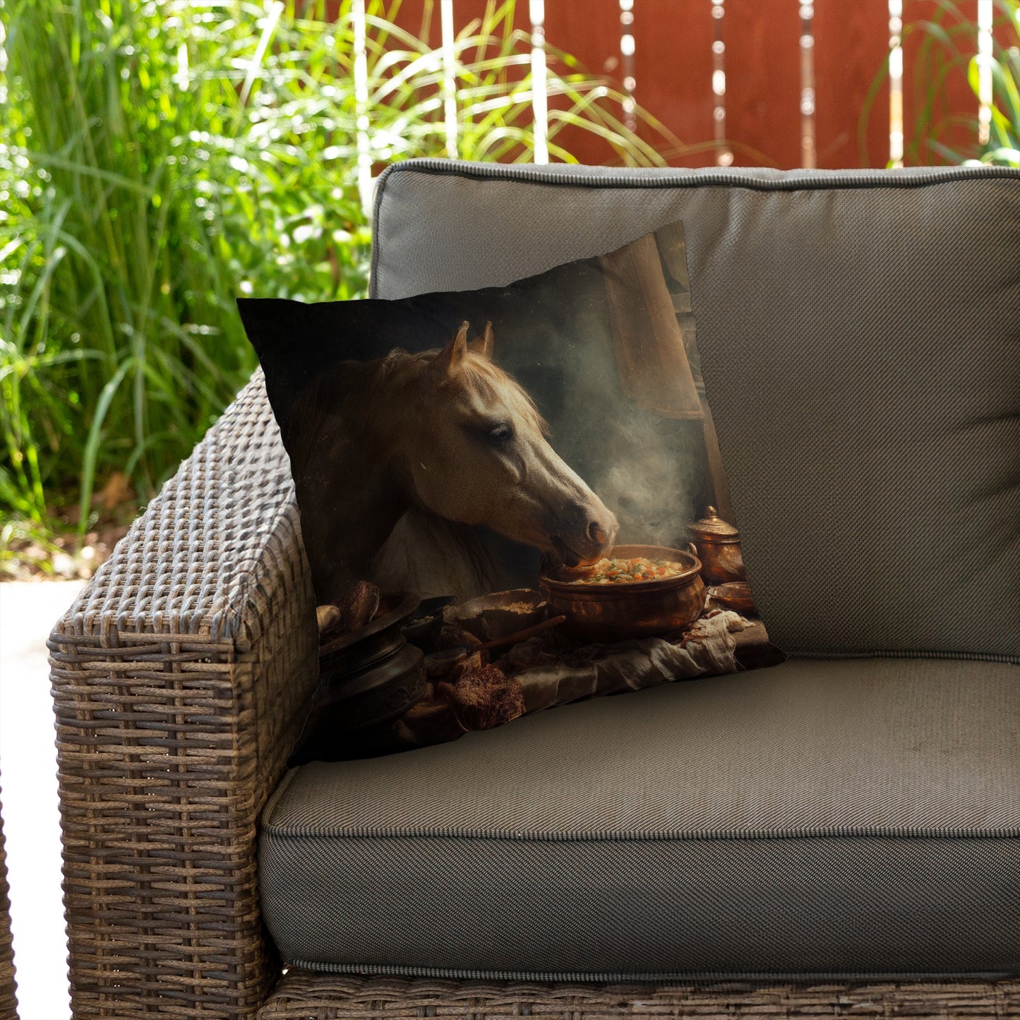 Horse on Soup Brown Poly Twill Throw Pillow - Decor Insert