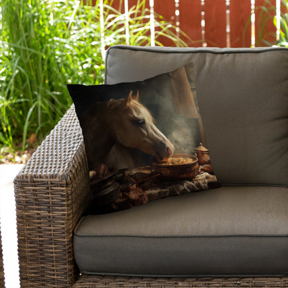 Horse on Soup Brown Poly Twill Throw Pillow - Decor Insert