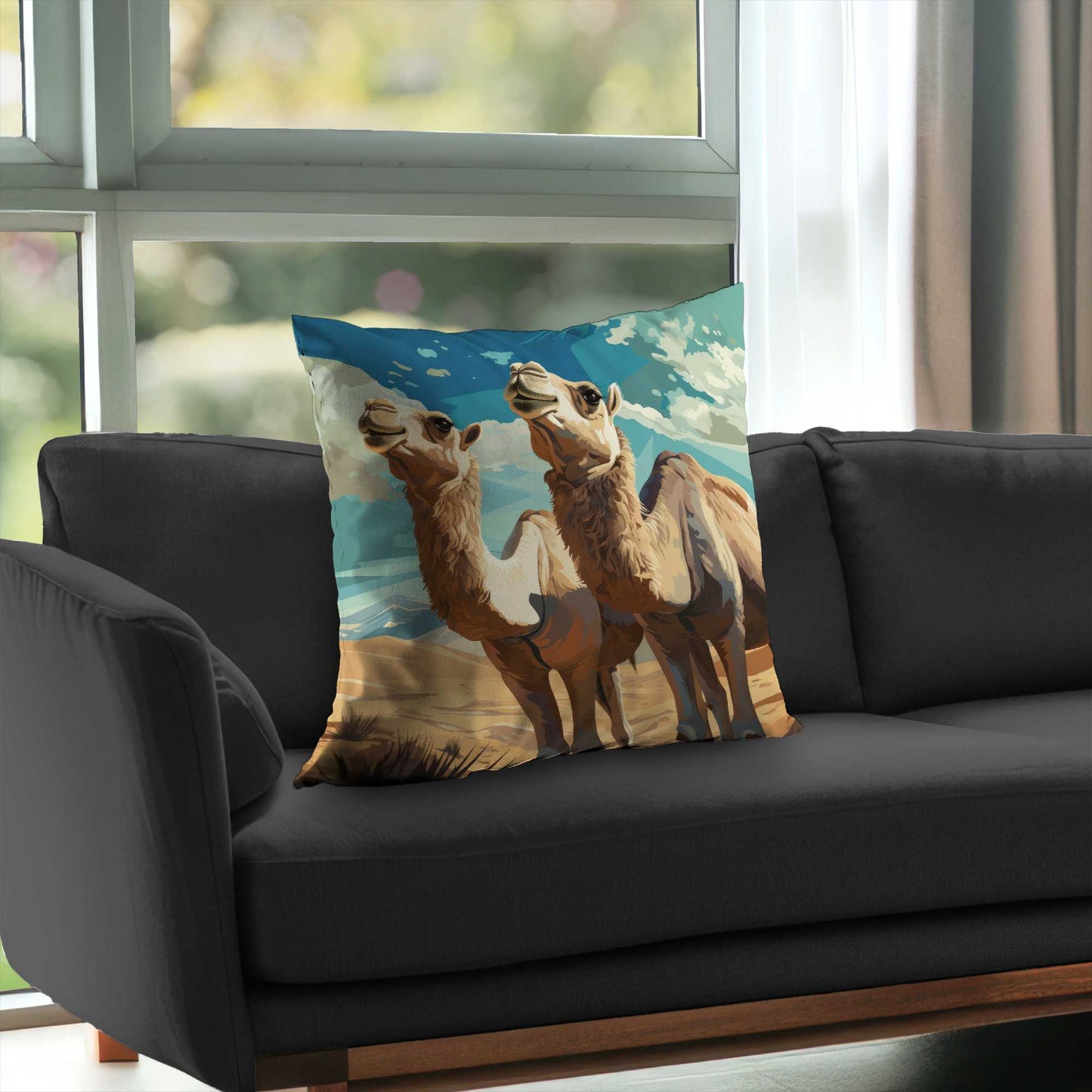 Camels Looking Up Blue Poly Twill Throw Pillow - Home Decor