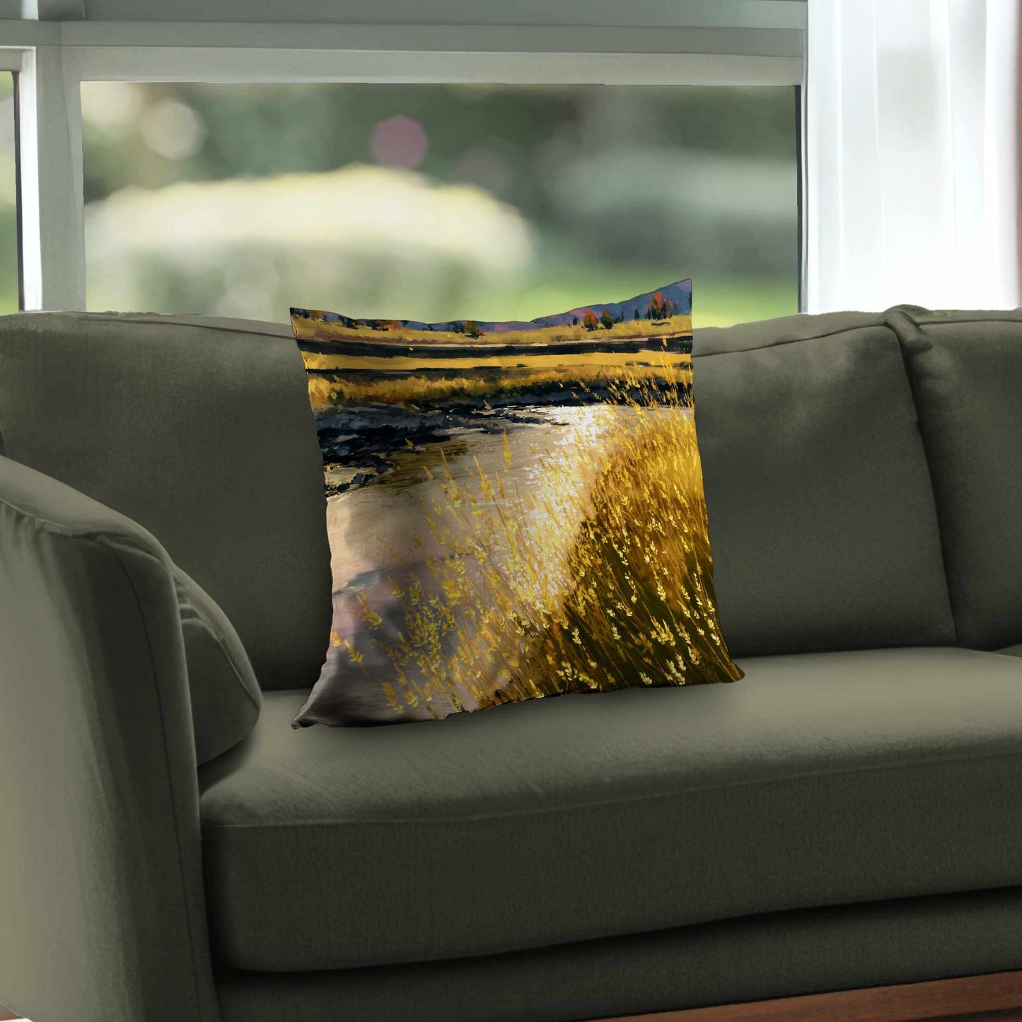 Coussin Déco en Twill Polyester "Golden Stream Glow" | Décoration Intérieure
