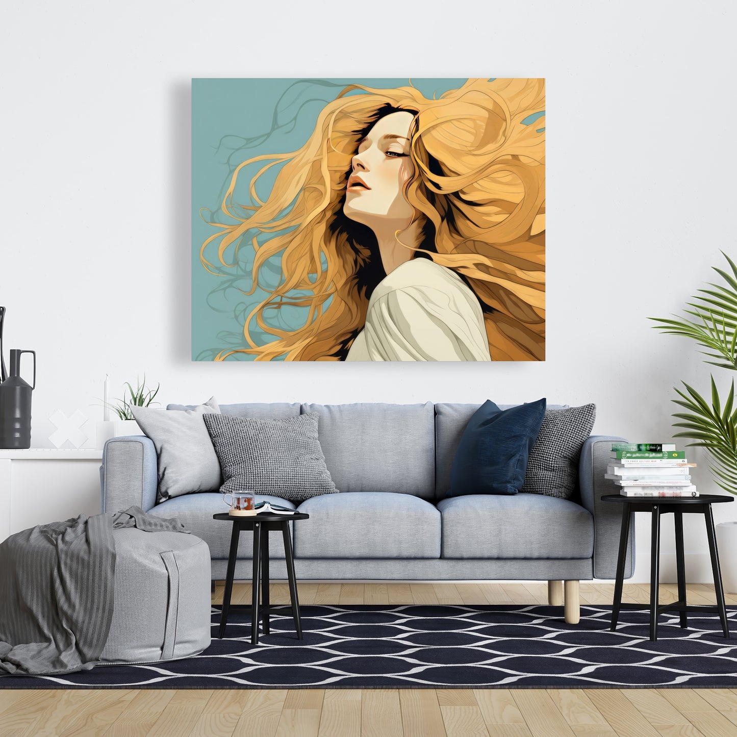 Flowing Hair - Turquoise Canvas Wall Art for Home Decor