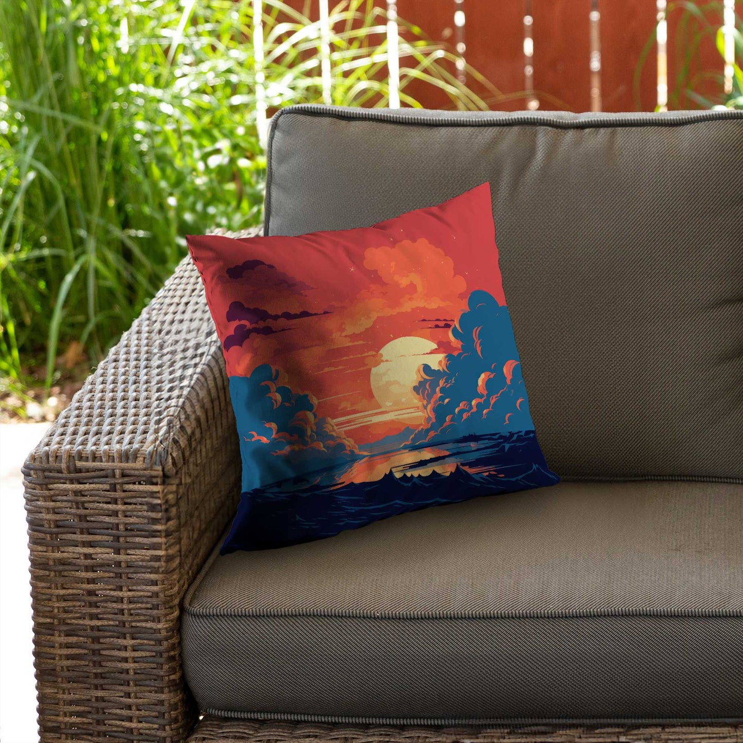 Coussin décoratif en sergé de polyester orange et bleu | Accessoire de décoration intérieure
