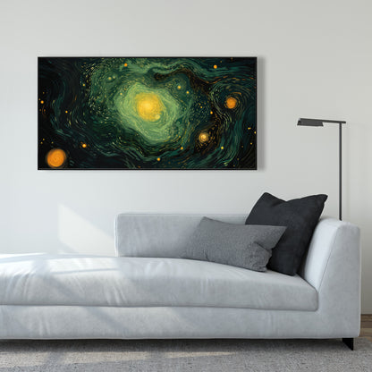 Illuminated in Space - Green Framed Canvas for Home Decor