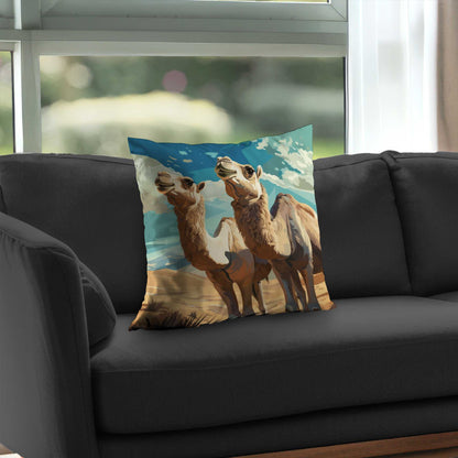 Camels Looking Up Blue Poly Twill Throw Pillow - Home Decor