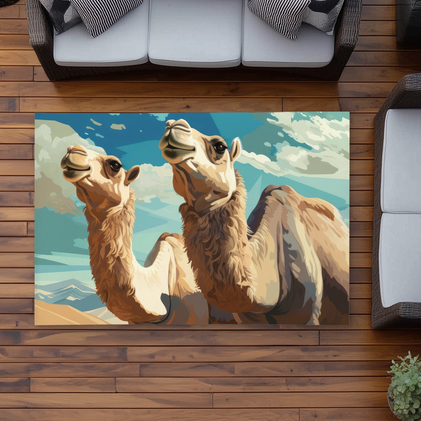 Camels Looking Up - Blue Outdoor Area Rug for Home Decor