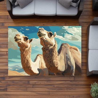 Camels Looking Up - Blue Outdoor Area Rug for Home Decor