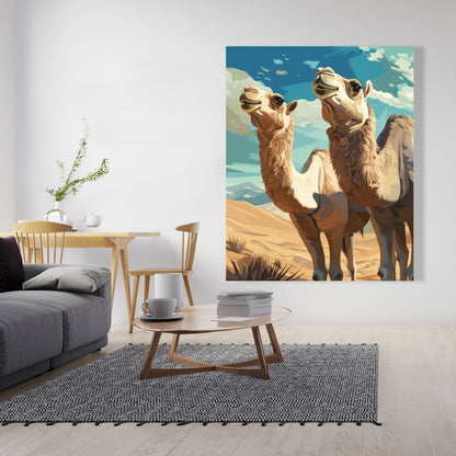 Camels Looking Up - Blue Canvas Art for Home Decor