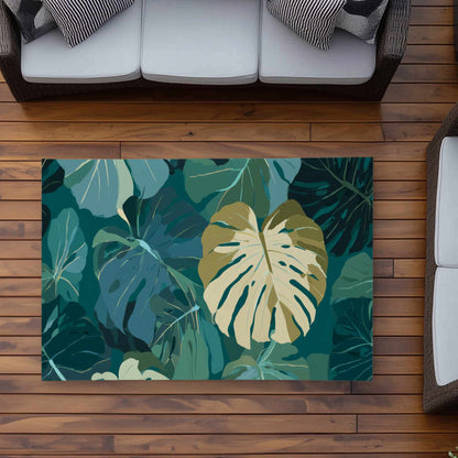 Tapis d'extérieur motif voile de feuilles tropicales | Décoration d'intérieur élégante