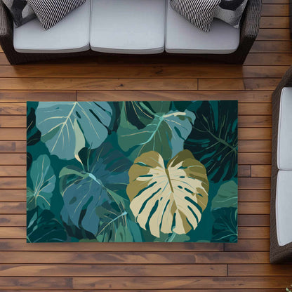 Tapis d'extérieur motif voile de feuilles tropicales | Décoration d'intérieur élégante