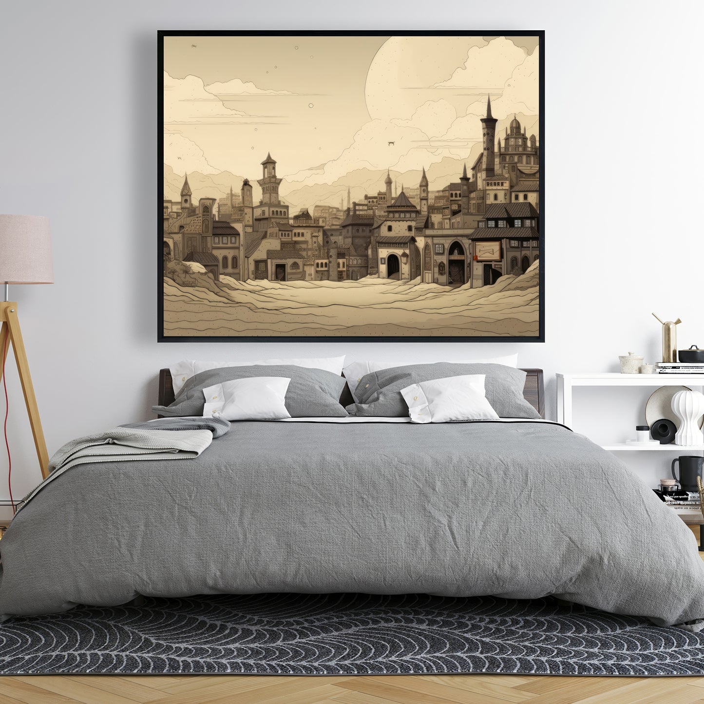 Desert Town - White Framed Canvas for Home Decor | Elegant Art