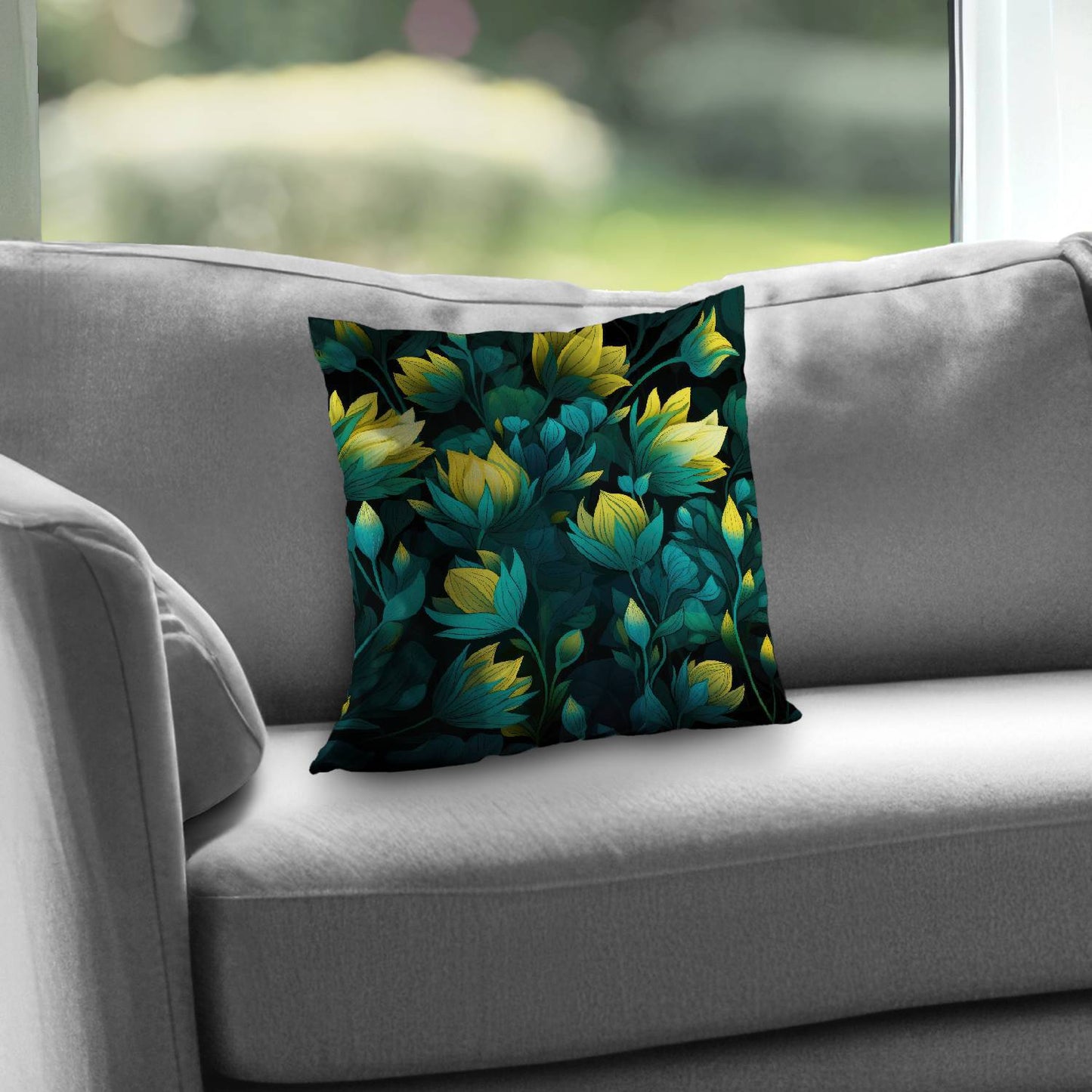 Coussin décoratif en sergé de polyester noir Intense Bloom