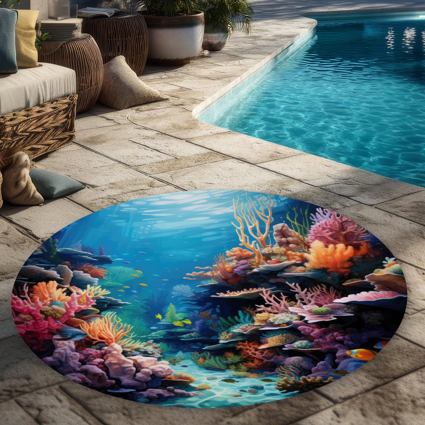 Tapis d'extérieur rond corail | Accent de décoration élégant