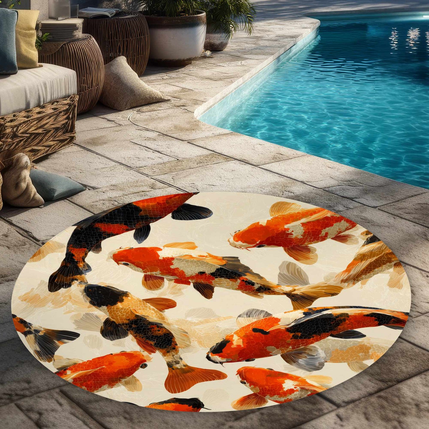 Tapis d'extérieur rond Koi Dance Flow | Décoration d'intérieur élégante