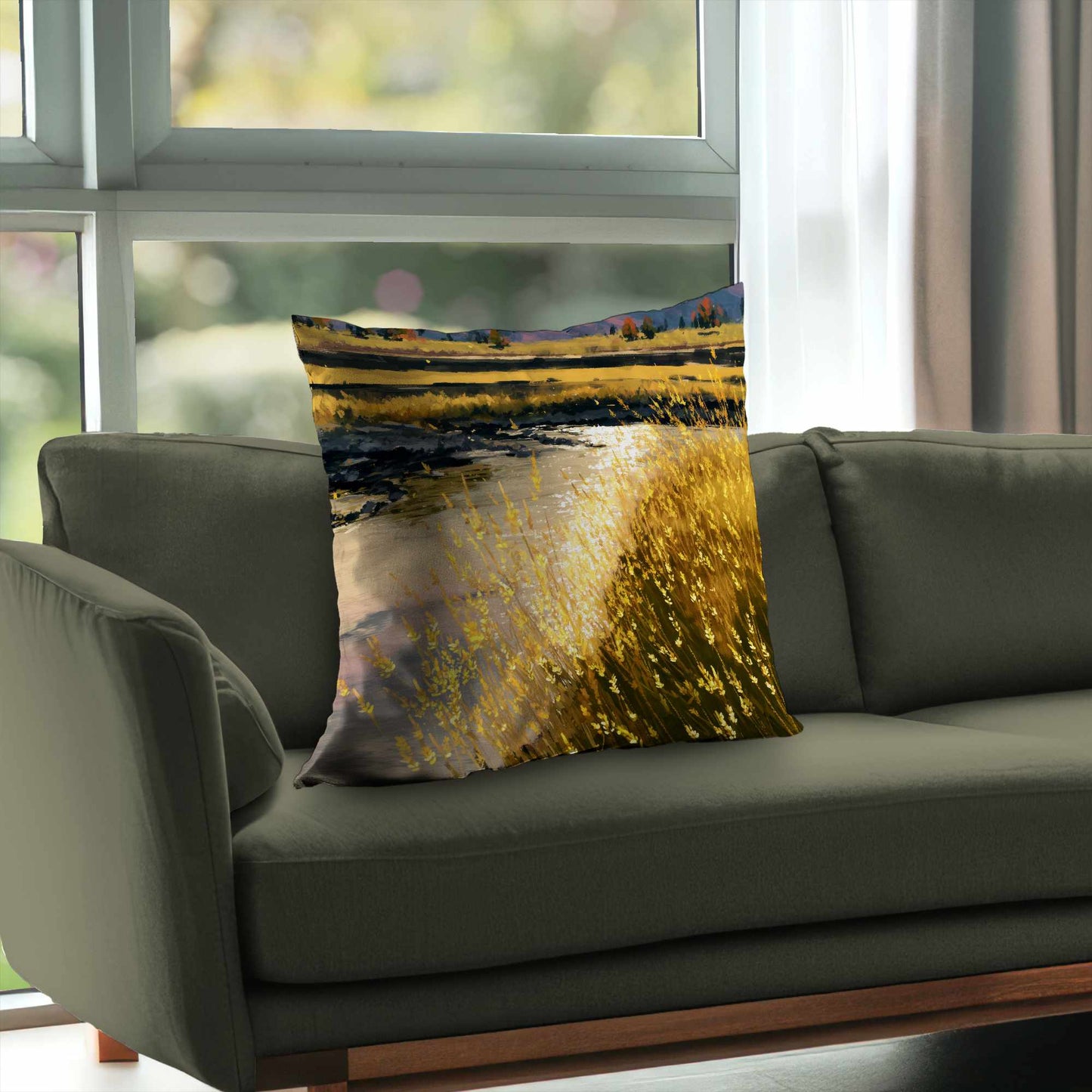Coussin Déco en Twill Polyester "Golden Stream Glow" | Décoration Intérieure