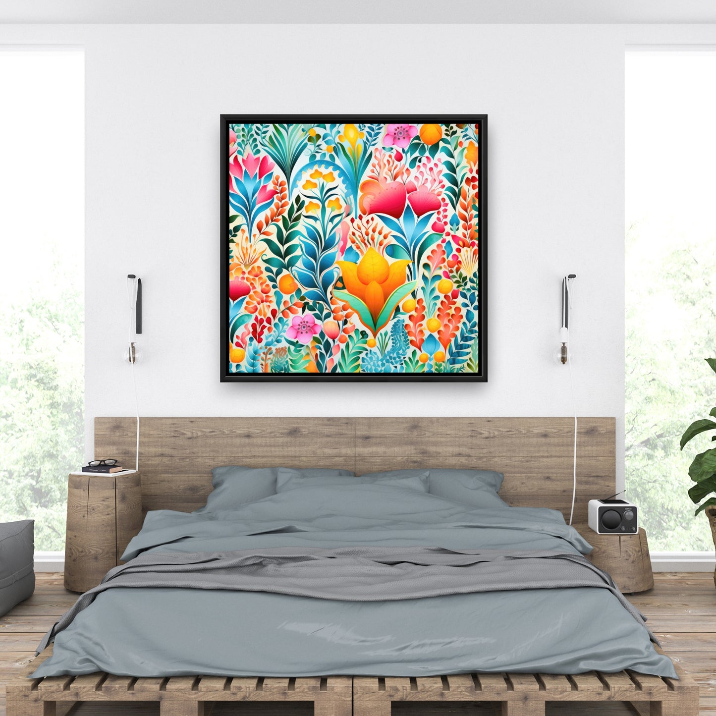 Flowing Flowers - Orange Framed Canvas for Home Decor