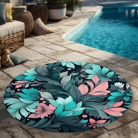 Neon Leaves - Turquoise 5' Round Outdoor Area Rug for Home Decor