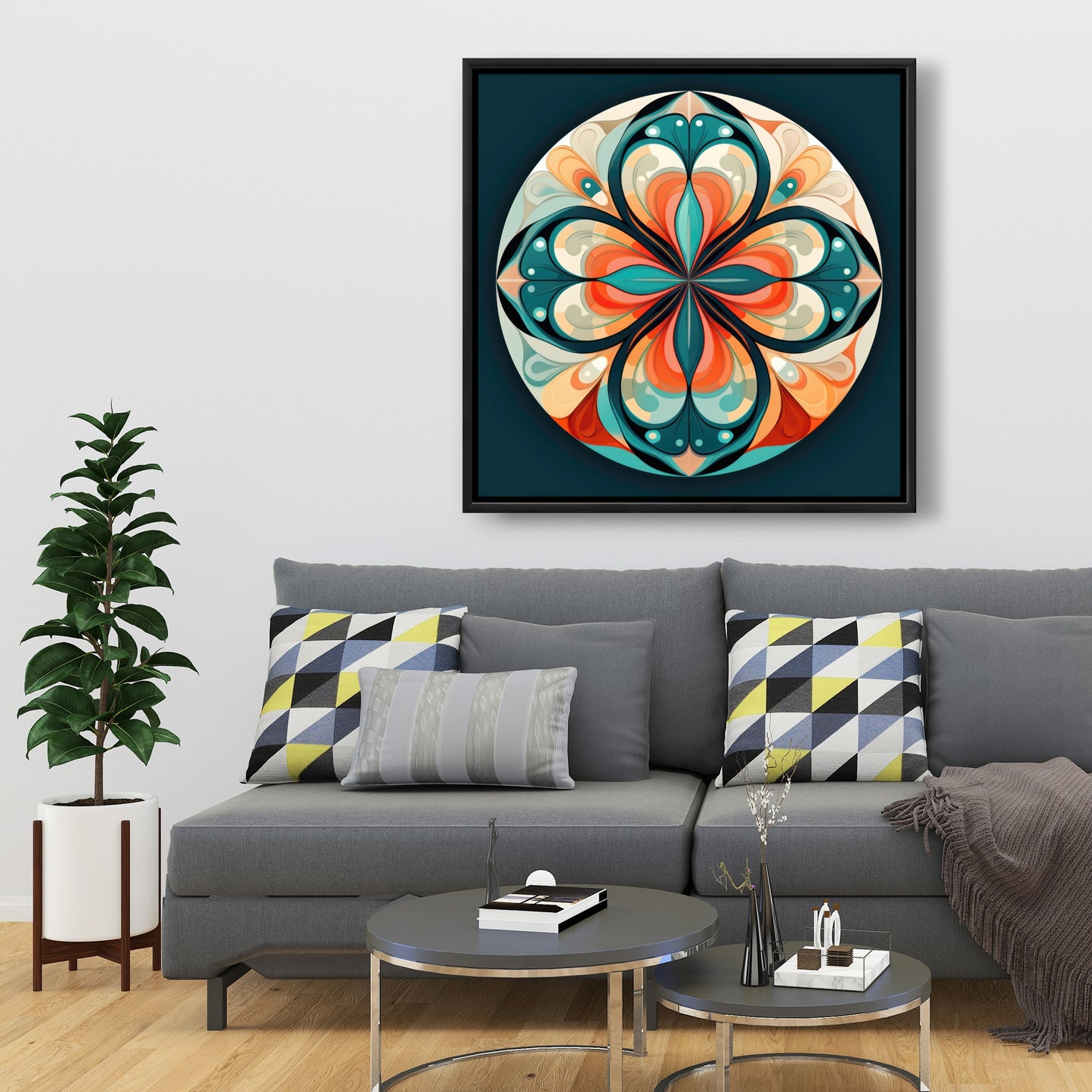 Peaceful Mandala - Orange Framed Canvas Home Decor Art