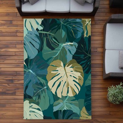 Tapis d'extérieur motif voile de feuilles tropicales | Décoration d'intérieur élégante