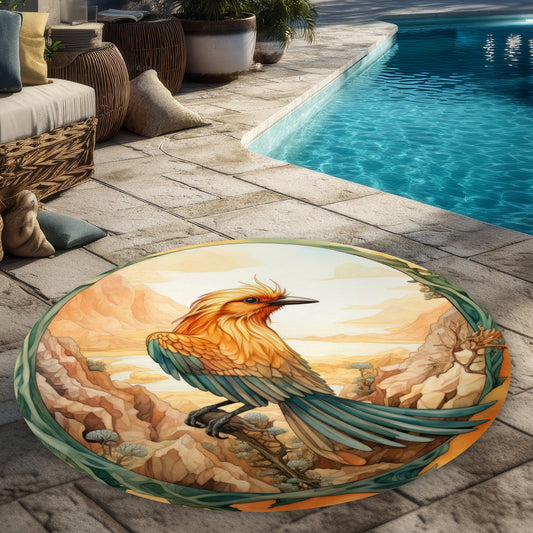 Perched Bird White Round Outdoor Area Rug | Home Decor