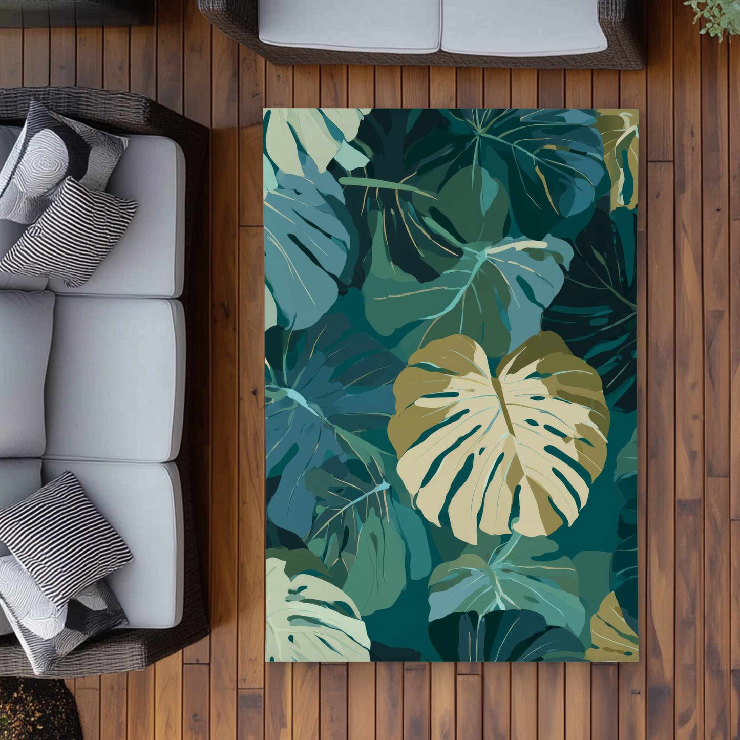 Tapis d'extérieur motif voile de feuilles tropicales | Décoration d'intérieur élégante