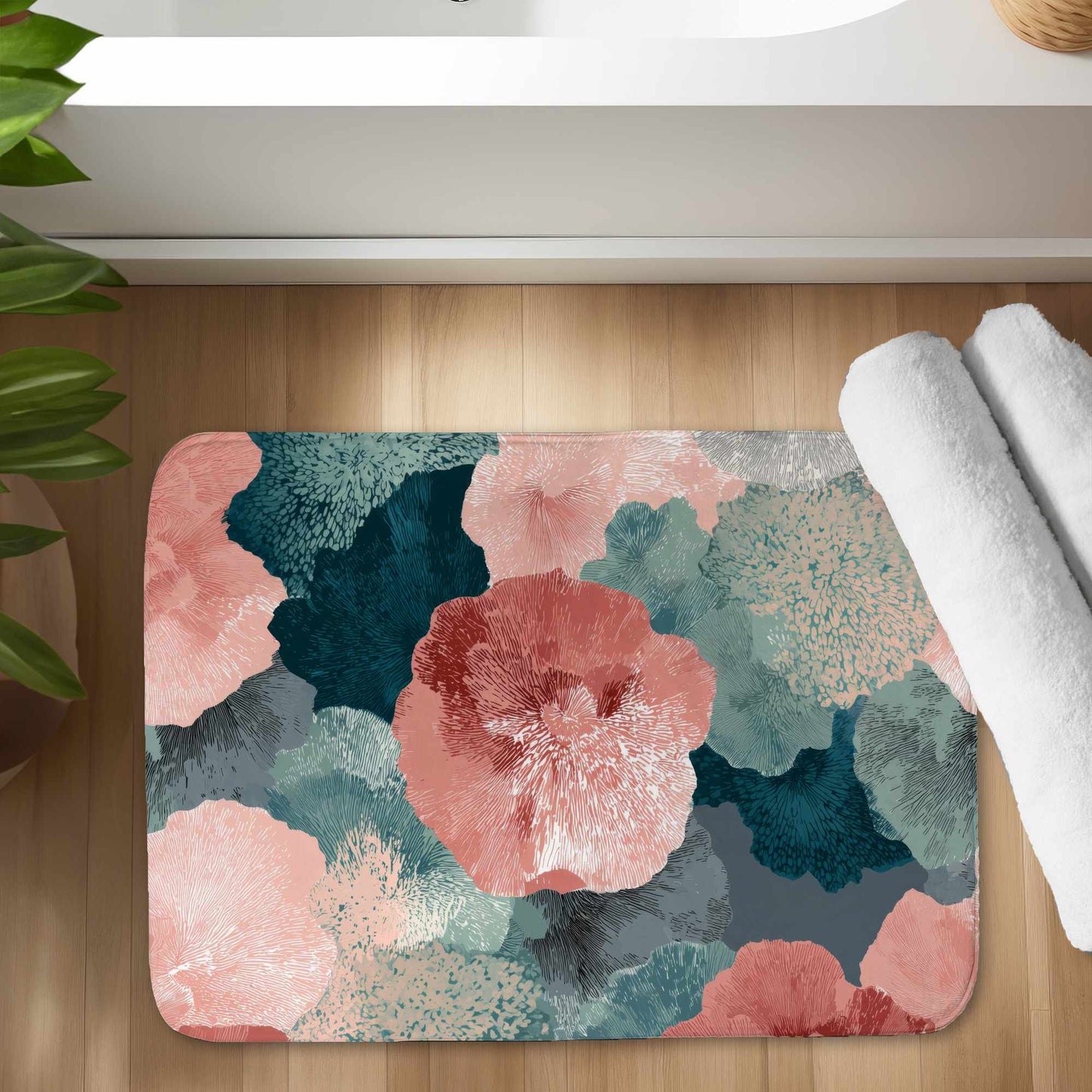 Whispering Coral Blooms Bath Mat | Stylish Home Decor