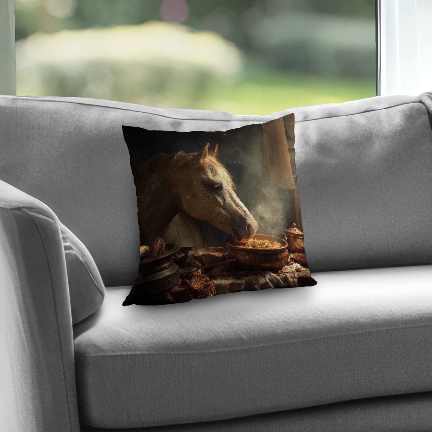 Horse on Soup Brown Poly Twill Throw Pillow - Decor Insert