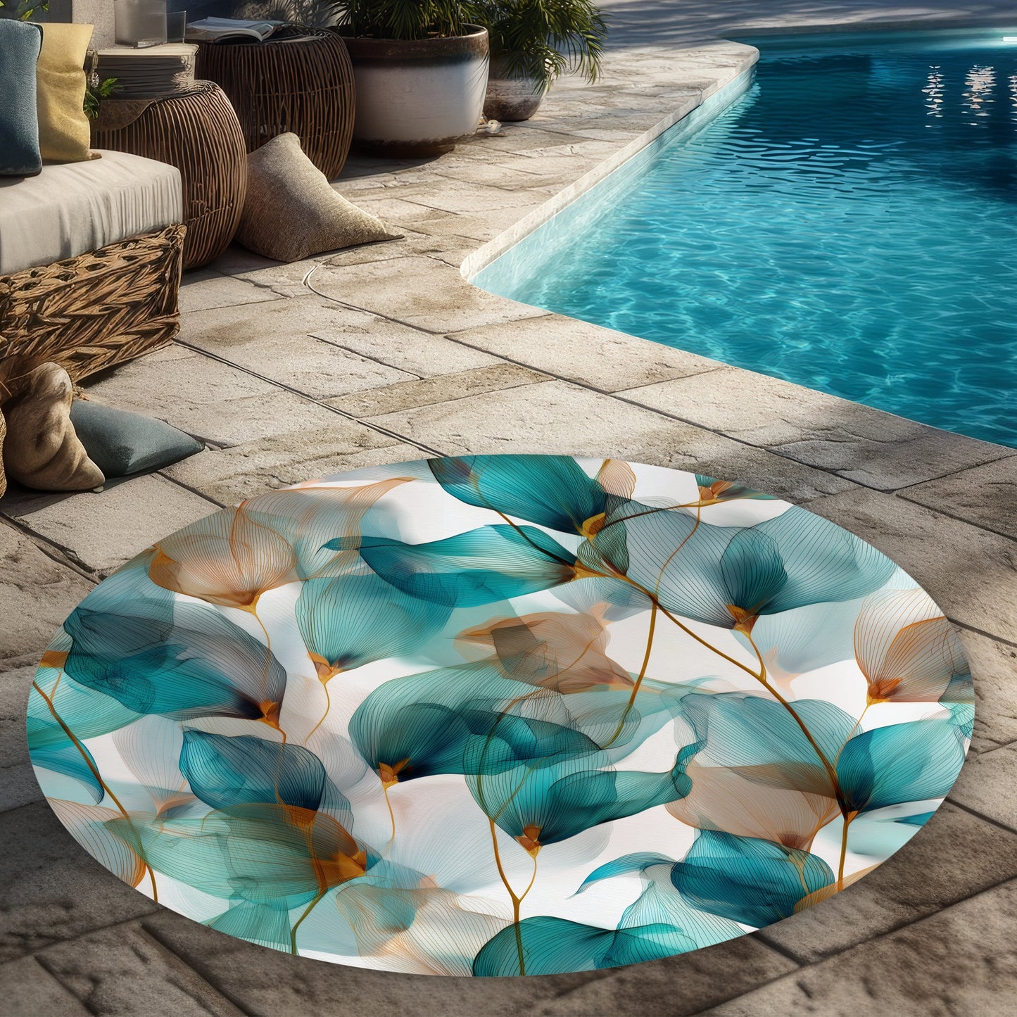 Teal and Brown Round Outdoor Area Rug for Home Decor