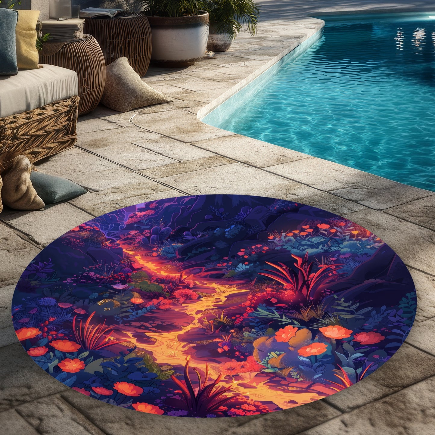 Tapis d'extérieur rond Burning Flowers | Accent de décoration intérieure