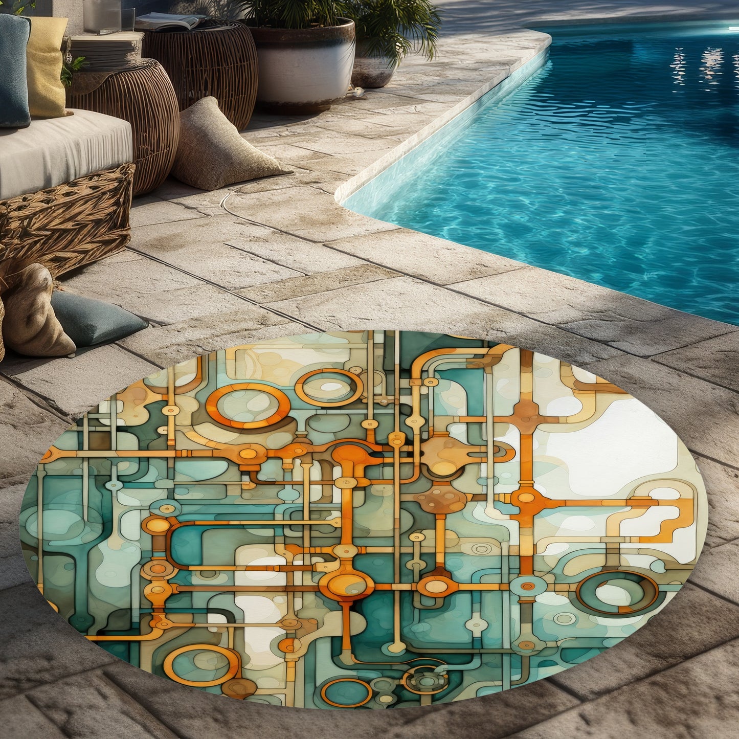 Turns and bends Turquoise 5' Round Outdoor Area Rug | Decor