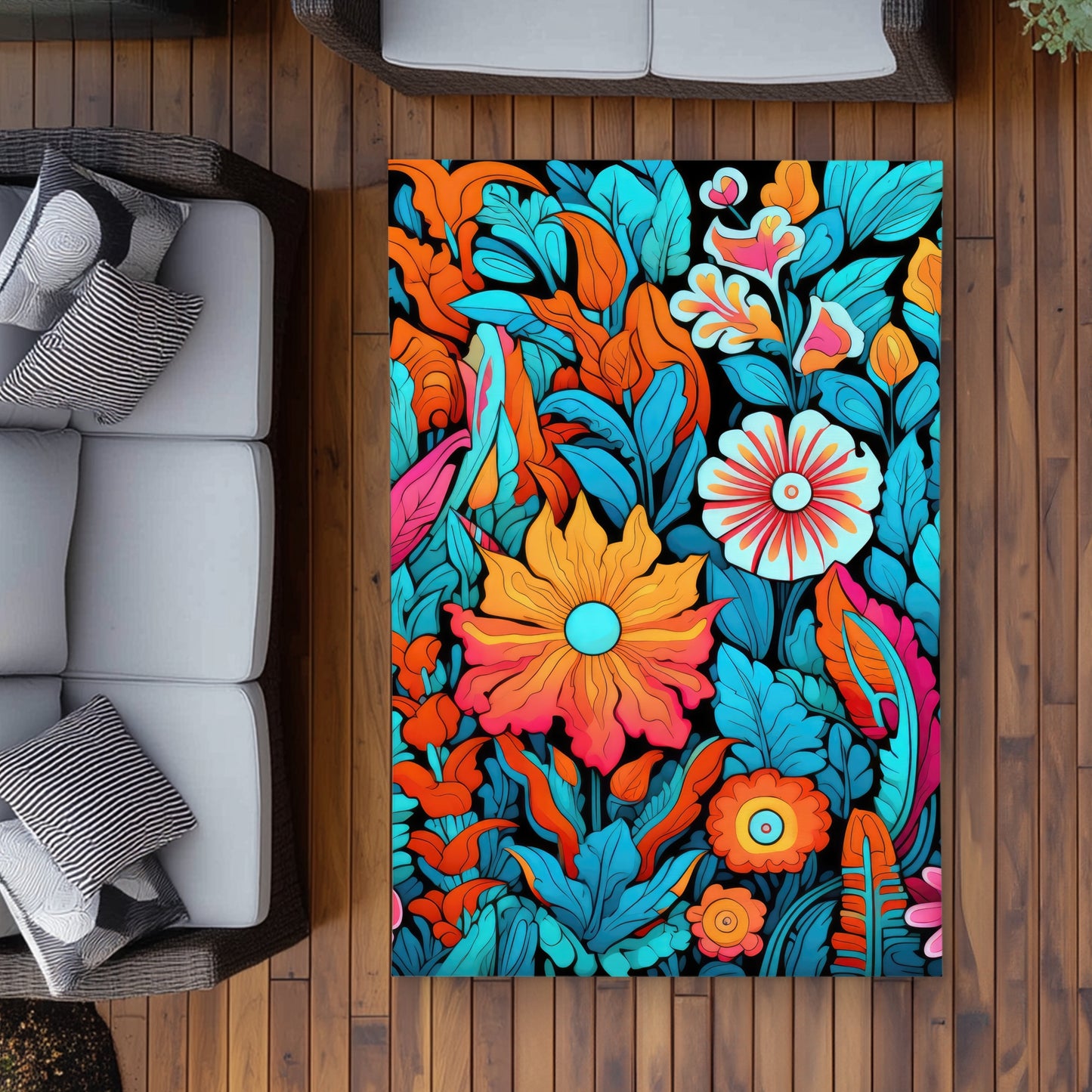 Floral Hues Turquoise Outdoor Area Rug | Home Decor Essentials