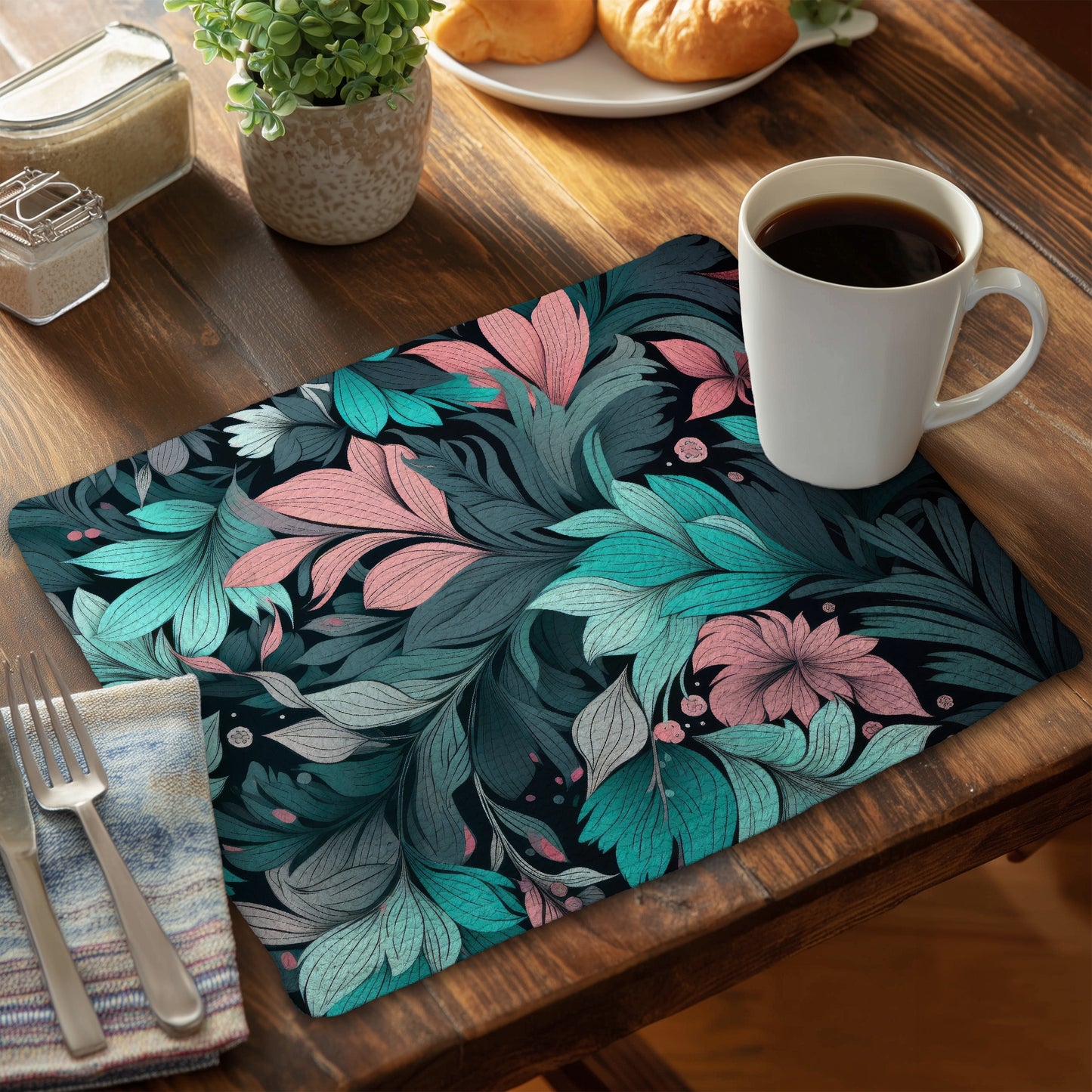 Neon Leaves - Black Braided Polyester Placemat for Home Decor