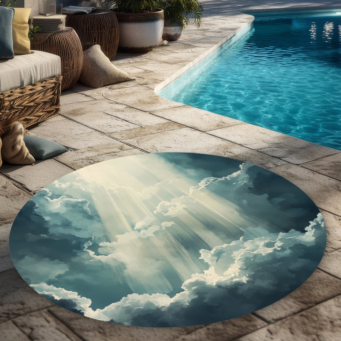Beam of Light Blue Round Outdoor Area Rug for Home Decor