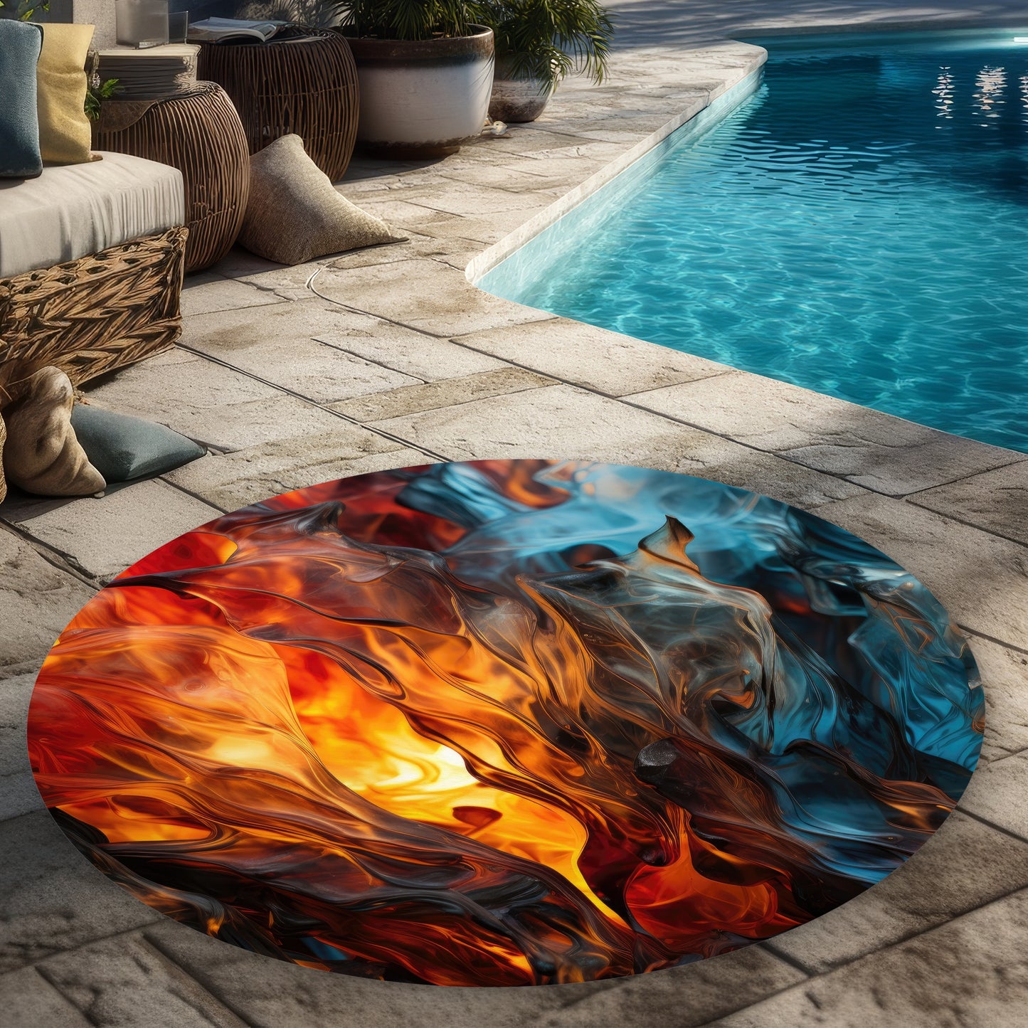 Tapis d'extérieur rond en forme de feu cristallisé | Accent de décoration intérieure