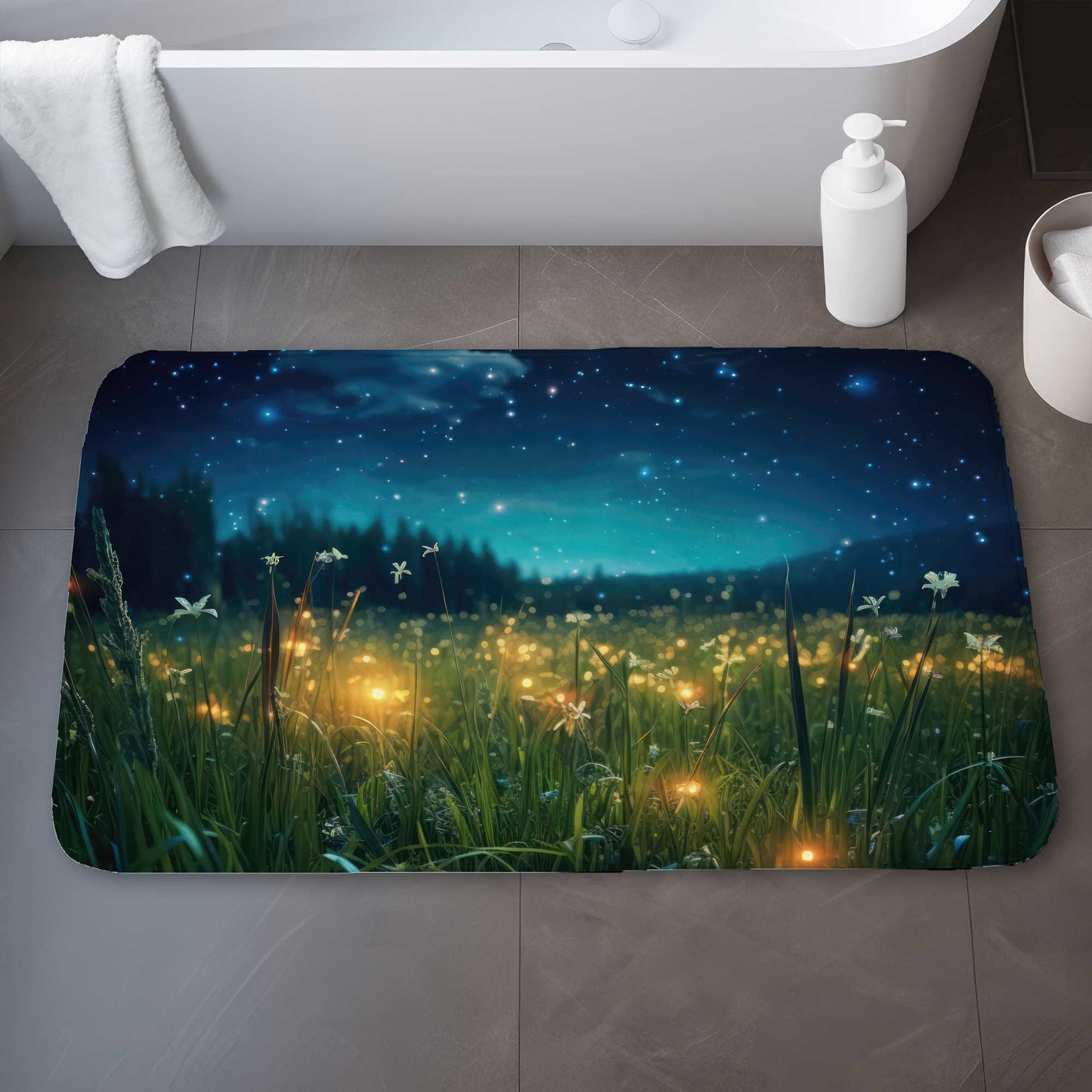Fireflies at Night Blue Bath Mat | Home Decor Essentials