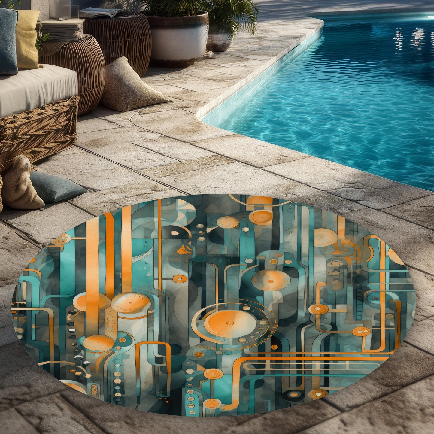 Astrological Machinery Orange Round Outdoor Area Rug | Decor