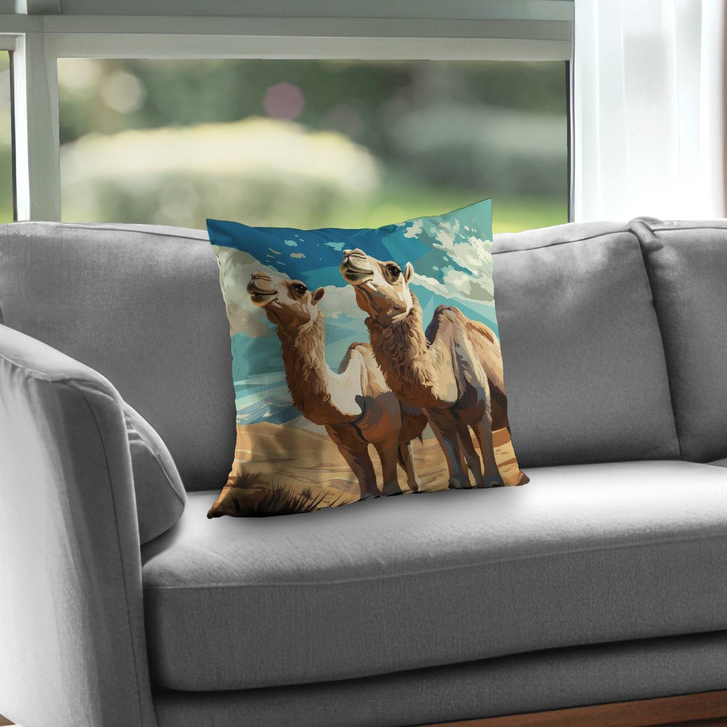 Camels Looking Up Blue Poly Twill Throw Pillow - Home Decor