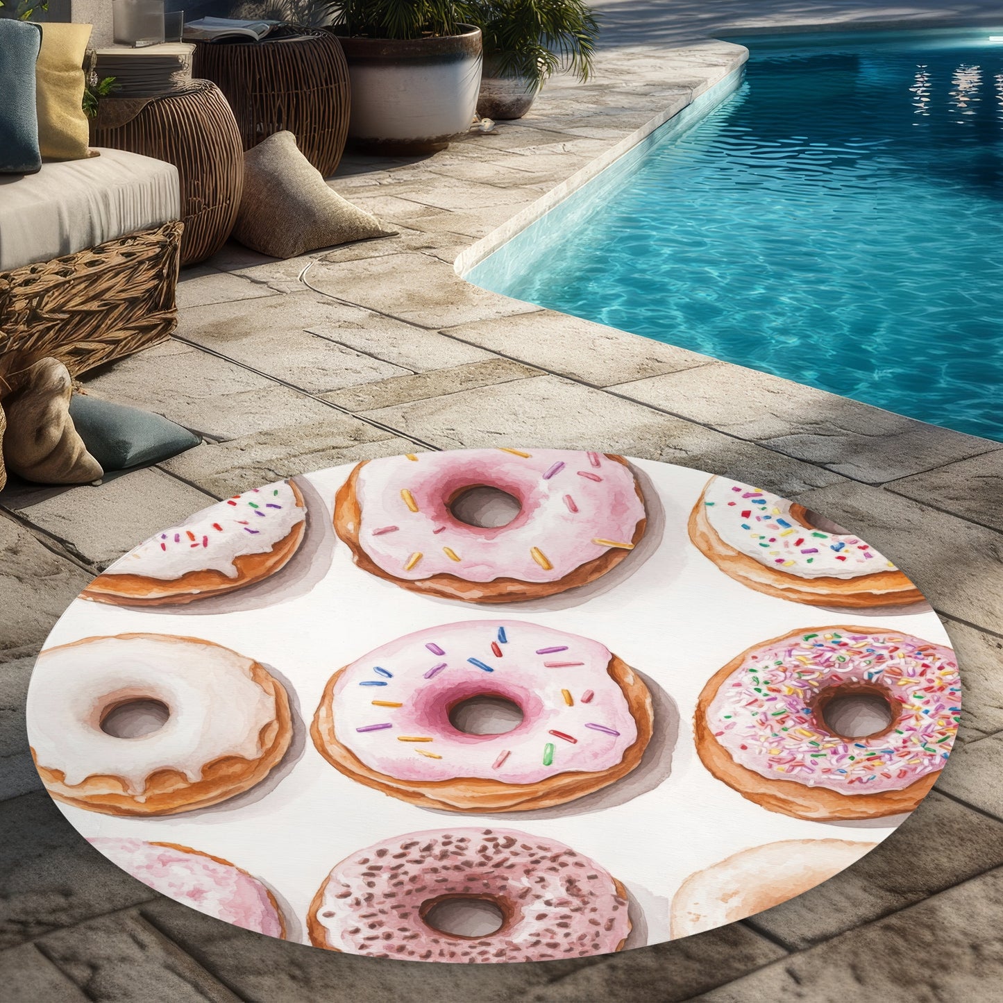 Tapis d'extérieur rond rose à motif donuts pour la décoration intérieure - Élégant