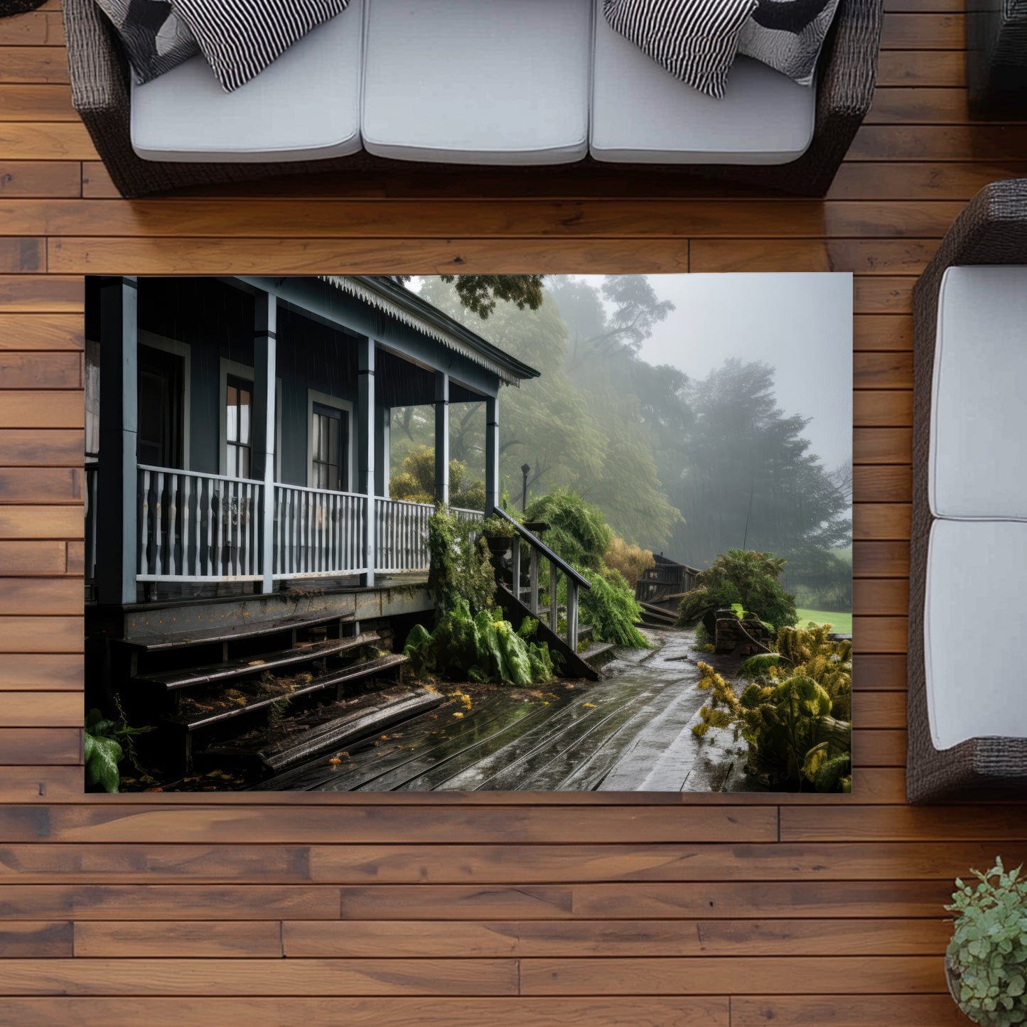Rainy Porch - Brown Outdoor Area Rug for Home Decor