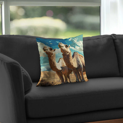 Camels Looking Up Blue Poly Twill Throw Pillow - Home Decor