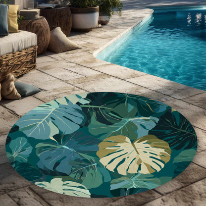 Tapis d'extérieur rond à motif de feuilles tropicales | Décoration intérieure