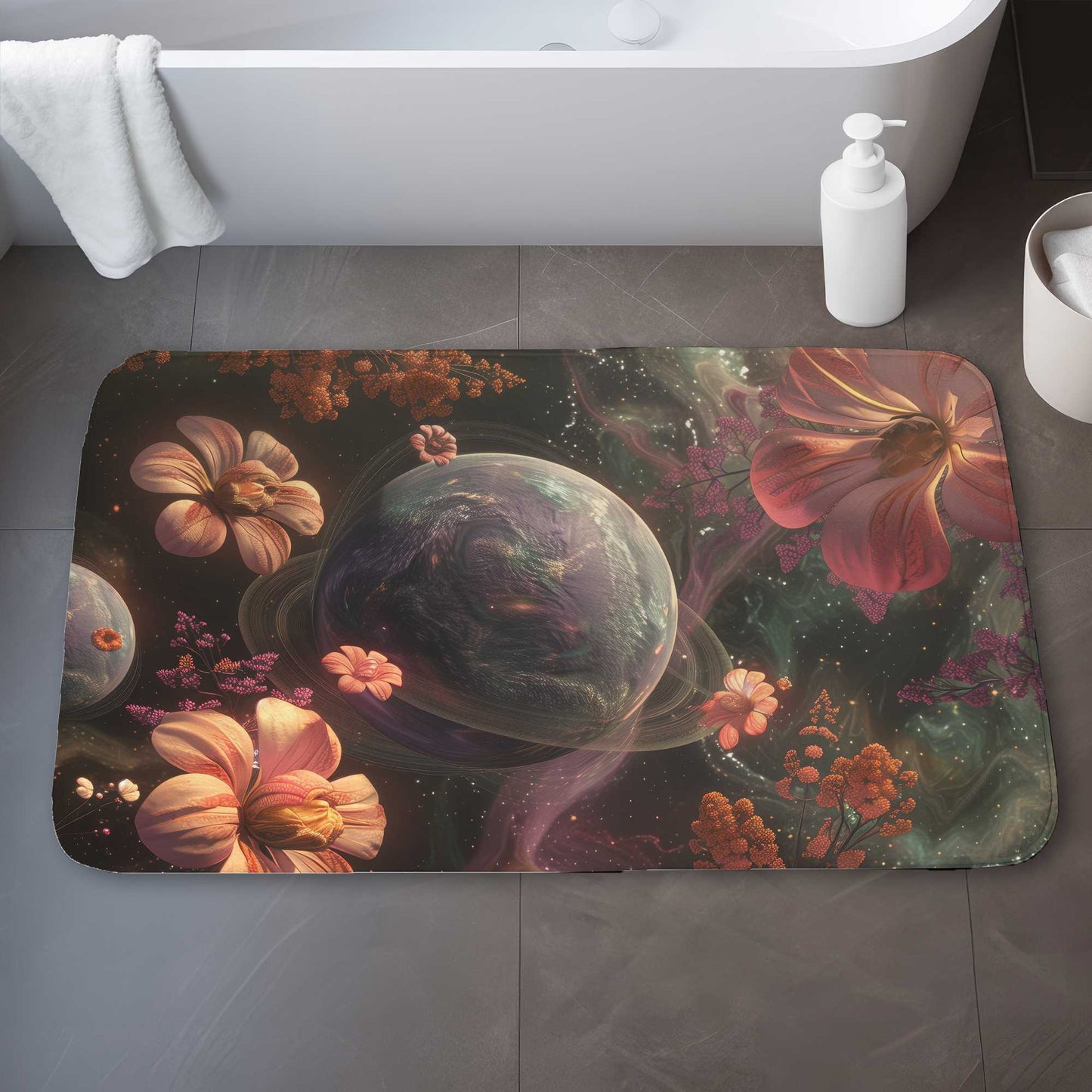Flower space Black Bath Mat - Stylish Home Decor Accent