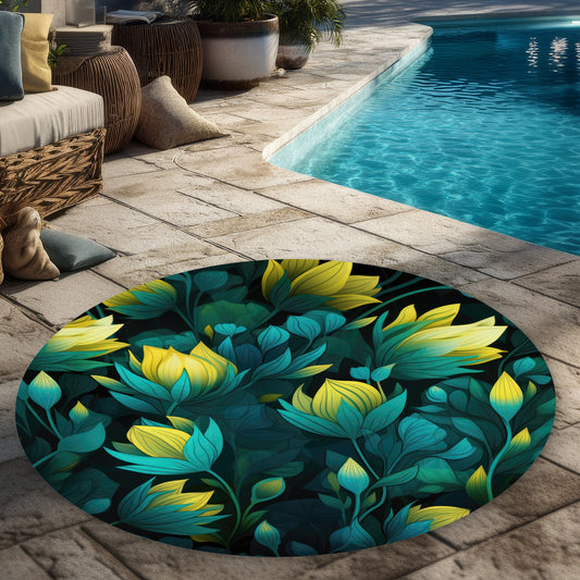 Intense Bloom - Turquoise Round Outdoor Area Rug for Decor