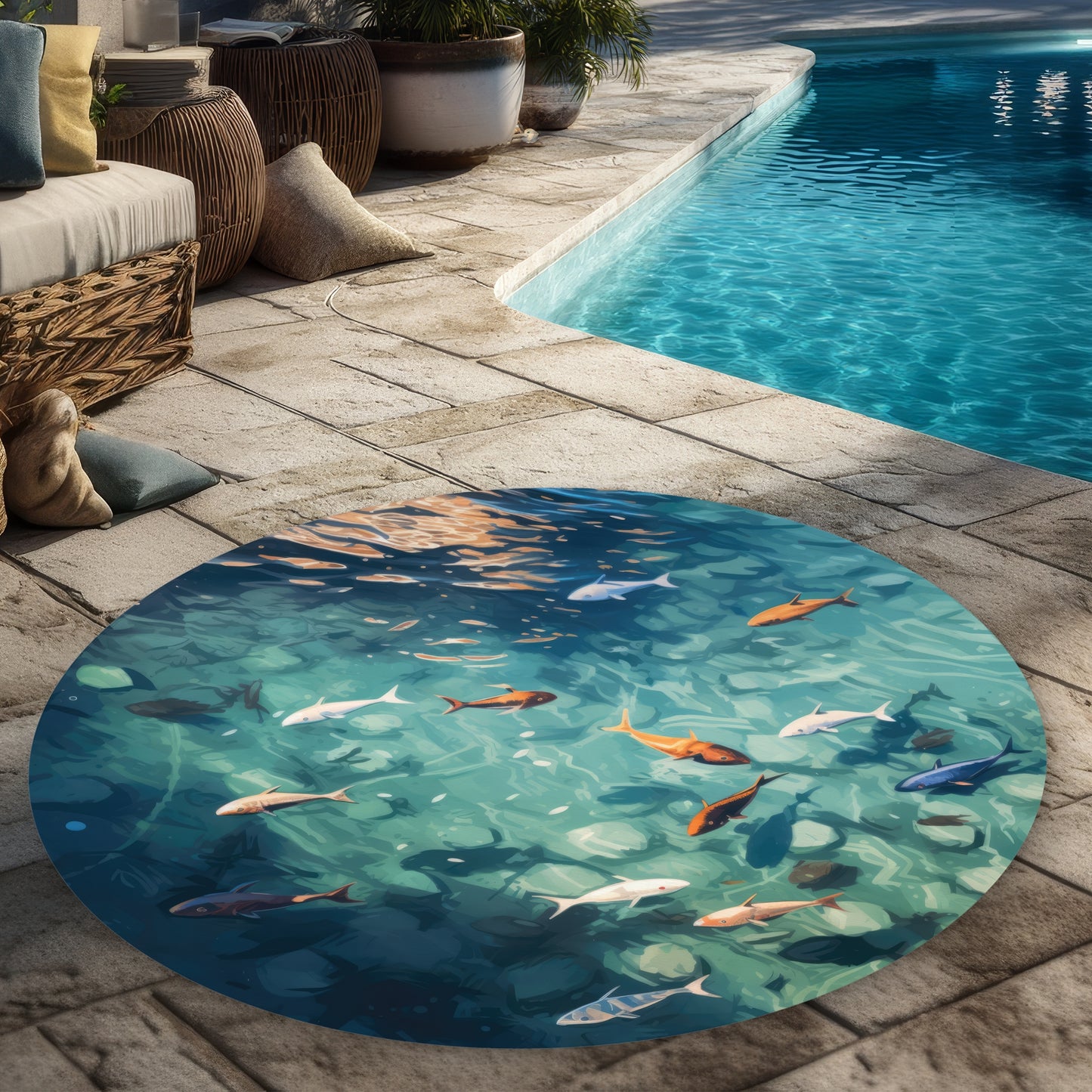 Tapis rond d'extérieur Caustic Fish | Accent de décoration élégant